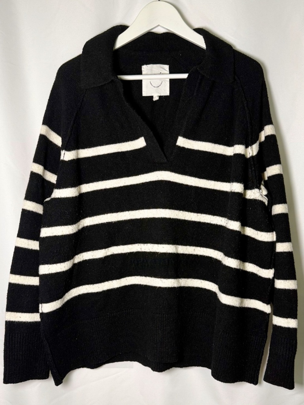 Aerie Women's Black Cream Striped Collared V Neck Pullover Sweater M